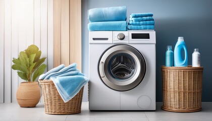 modern front loading washing machine with blue towels in bright laundry room interior clean home appliance with detergent bottles and wicker baskets for organization concept