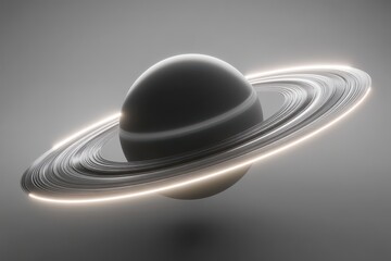 Saturn model with glowing rings. Celestial body against a plain background. Science