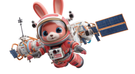 Cute pink rabbit astronaut in space