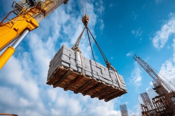 Crane lifts heavy load of construction materials on a clear day at a building site