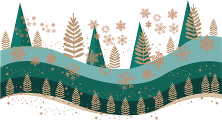 Enchanting winter forest scene with stylized trees and falling snowflakes creates a magical holiday atmosphere