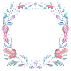 Watercolor magical floral wreath with flowers, eye symbol, crystals, mushrooms. Witchcraft design element isolated on white.