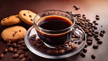 americano served in a cup with cookies and coffee beans