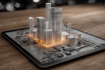 Digital urban landscape is displayed on a tablet with glowing architectural models showcasing a futuristic city design