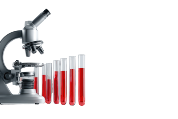 A microscope and test tubes filled with red liquid
