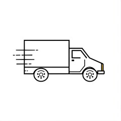minimal vector icon of delivery truck, flat design, black and white, isolated on white background, fast delivery concept with motion speed lines, simple silhouette, suitable for app icon and web desig