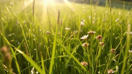 Obraz premium Bright Sunbeams Over a Lush Meadow with Tall Green Grass and Small White Flowers