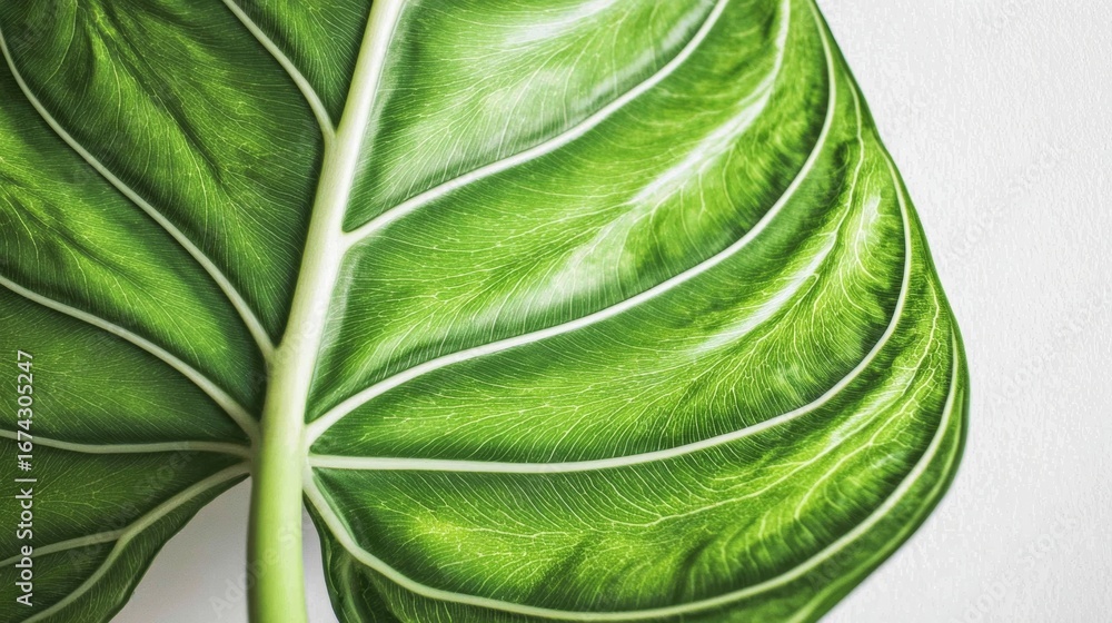 Poster large green leaf with intricate veins displayed against a light background highlighting its natural 