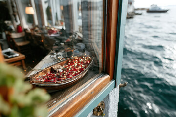 A beautifully decorated miniature boat filled with vibrant flowers sits on a windowsill, with a scenic view of a tranquil sea and boats in the background