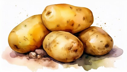 watercolor of a pile of golden potatoes with earthy details on a white background