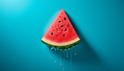 melting watermelon slice on blue background with space for text creative summer composition