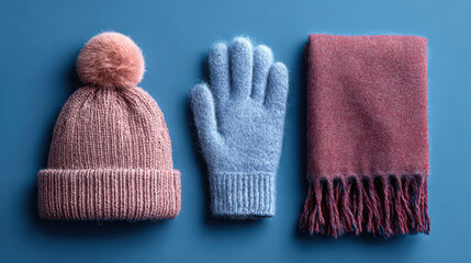 Cozy winter accessories including a pink knit hat, a blue glove, and a red scarf arranged neatly on a blue background evoking warmth and comfort