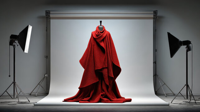 a striking red cloak drapes elegantly on a mannequin in a minimalist studio setting, illuminated by professional lighting that enhances its texture and folds