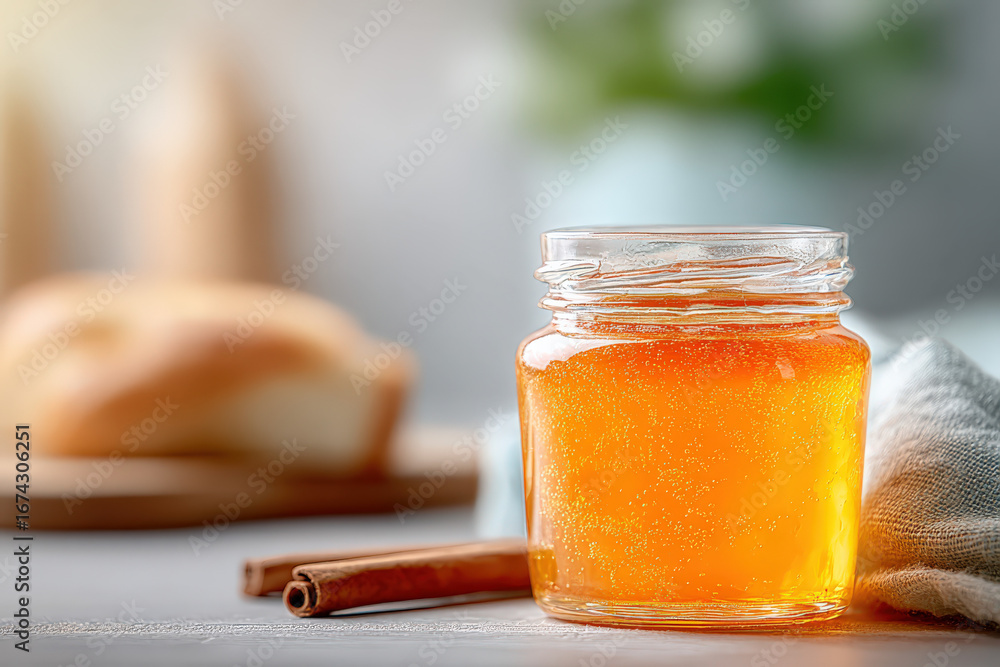 Poster a small glass jar filled with golden honey sits on a rustic table alongside a cinnamon stick and a l