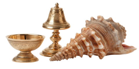 Traditional brass ceremonial items, including a detailed conch shell, a spiritual bell, and a ritual offering bowl, artfully arranged on a transparent background.