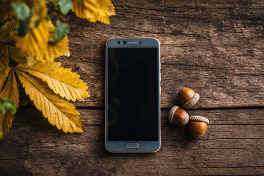A smartphone rests on a rustic wooden table surrounded by yellow leaves and acorns, capturing the essence of autumn and nature's beauty