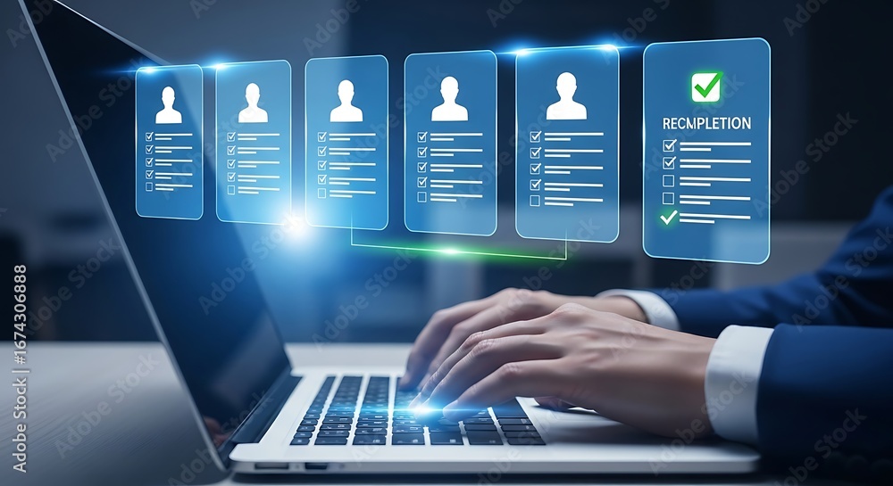 Poster human resources professional using laptop to review candidate profiles and select best applicant fro