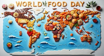 World map creatively constructed from various foods, celebrating World Food Day with diverse cuisines representing different continents.