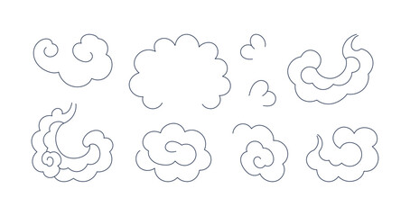 Traditional Asian cloud elements, swirl, spiral, line drawing, blue outline, isolated on transparent. Hand drawn vector illustration. Buddhist thangka, Chinese, Japanese, Korean design, clip art set