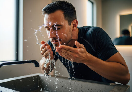A man in his 30s washes his face at a bathroom sink, showing a refreshing moment with water splashing around him, highlighting a sense of cleanliness and rejuvenation
