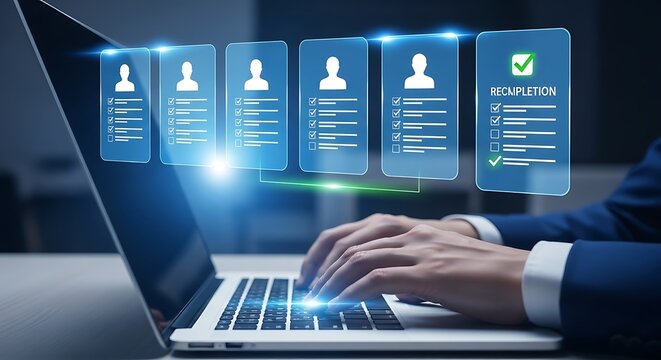 Human resources professional using laptop to review candidate profiles and select best applicant from digital list of resumes for hiring process in modern office