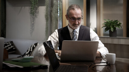 Business meeting or working in modern office. Senior executive discussing project with colleagues using laptop and online digital reports. Teamwork Leadership Strategy and Corporate Collaboration Tech