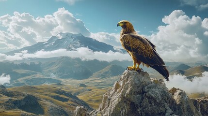 Fototapeta premium A golden eagle perched high on a rocky peak