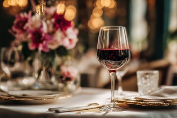 Elegant dining experience featuring a glass of red wine and floral centerpiece in a luxurious restaurant