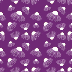 Seamless pattern with wild spring flowers. Hand drawn bouquets of purple and white daisy-like blossoms with green leaves on cream background.
