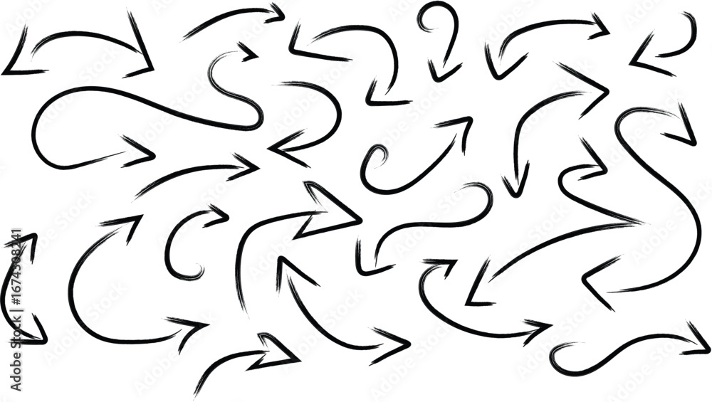 Poster dynamic hand-drawn arrow collection guiding direction and progress in various styles
