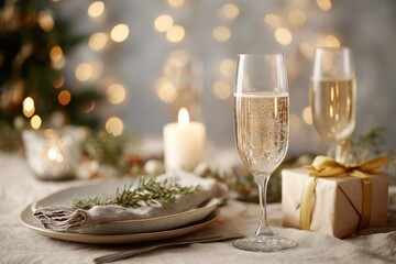 Party and holiday celebration concept. Many glasses of champagne on the table in the restaurant. White sparkling wine glass. Christmas Three and lights Bokeh Background. Drinks Serving. Winter Weekend