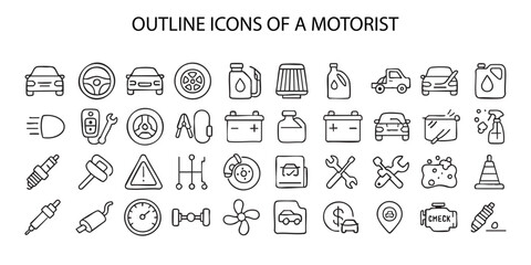 outline icons related to the automobile, as indicated by the inscription “AUTOMOBILIST OUTLINE PICNOGRAPHICS” at the top