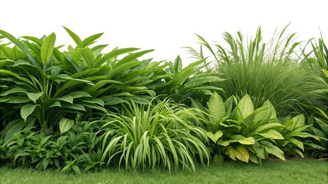 Lush green foliage and ornamental grasses create a vibrant natural backdrop for serene outdoor scenes.
