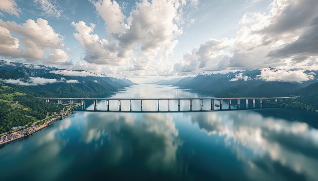 Long bridge stretches over calm lake surrounded by lush green mountains on a partially cloudy day
