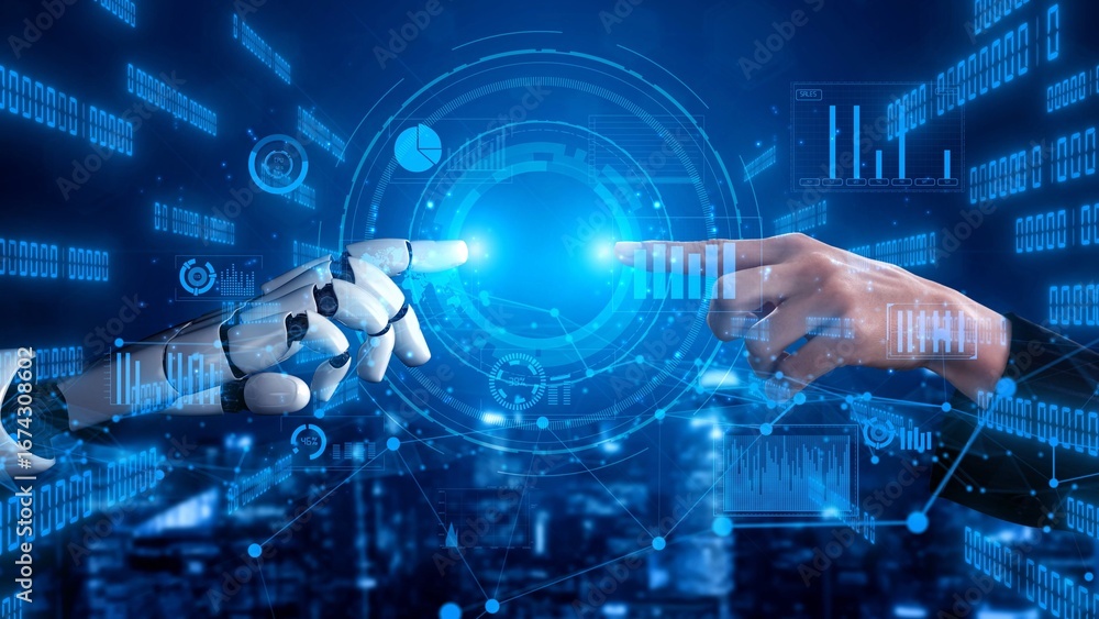 Poster a captivating visual of a human hand reaching to connect with a robot hand, set against a vibrant di