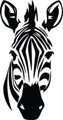 Zebra head silhouette with bold striped pattern and forward-facing gaze, graphic design on white background