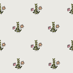 Cute floral seamless pattern with flowers and branches. Wildflower vector illustration in spring or summer. Elegant template for fabric, wallpaper, stationery, wrapping, card, and phone cases.