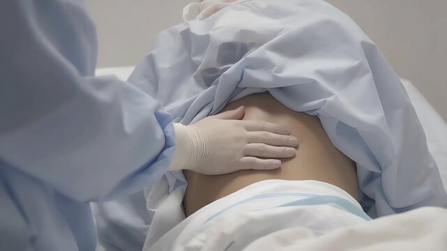Close-up of a medical professional in sterile gloves palpating a patient's abdomen during a clinical examination in a hospital