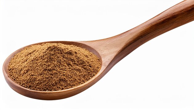 wooden spoon with ground cumin powder close up isolated on transparent white background