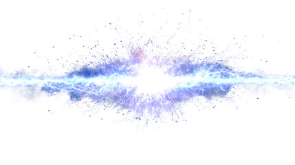 Blue energy blast explosion with glowing particle effects on white background. 