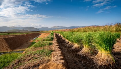 Fototapeta premium natural erosion control setup with vetiver grass in scenic landscape