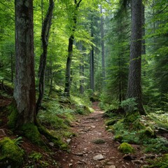Obraz premium Sun-dappled forest path winding through lush green trees and mossy rocks