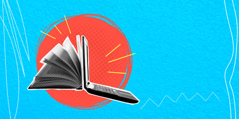 Trendy halftone collage in pop art style. Open book and laptop with copy space on blue background. Education and work concept.