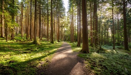 peaceful walking path surrounded by tall pine trees in a serene forest during a sunny day
