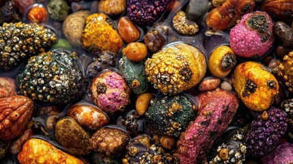 Colorful stones covered in sea life