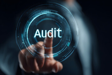 Business, Technology, Internet and network concept. oung businessman working o a virtual screen of the fture and sees the inscripton: Audit
