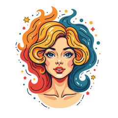 Colorful illustrated portrait of a young woman with vibrant hair  