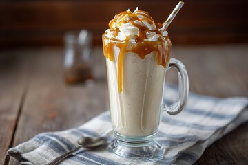 Delicious caramel milkshake topped with whipped cream served in a glass on a rustic wooden background