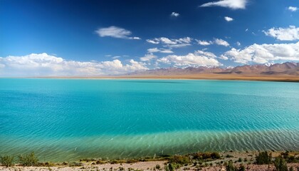 Fototapeta premium wide shallow lake alakol with pale waters and distant shoreline in kazakhstan under a vast sky with scattered clouds