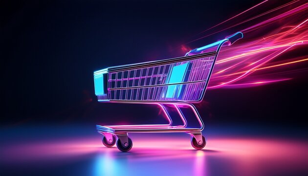 neon blue shopping cart with pink light trails on black background - Powered by Adobe